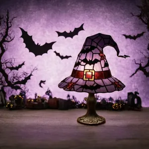 Spooky Halloween witch hat stained glass table lamp with bat and spider decorations
