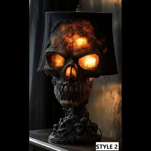 Detailed close-up of a Gothic lava stone skull lamp with glowing fiery lighting effect