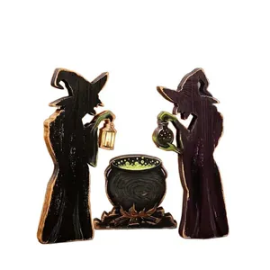Detailed wooden Halloween witch silhouettes with boiling cauldron tabletop decor set
