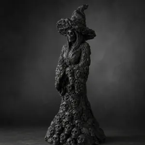 Primer plano de estatua de bruja esqueleto gótica con túnica decorada con calaveras.