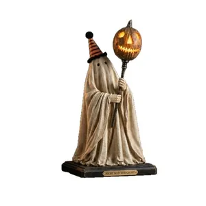 Halloween Geisterfigur aus Harz mit leuchtender Kürbislampe in detaillierter Ansicht