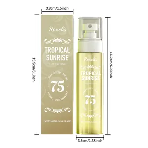 Gedetailleerde afmetingen van 100ml Tropical Sunrise geurspray met verpakking