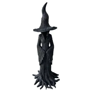 Estatua de bruja de resina con textura de madera y sombrero puntiagudo para Halloween