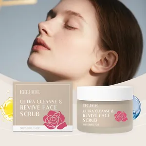Detail view of EELHOE rose face scrub with 30g packaging and model background
