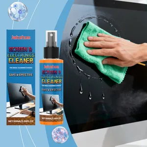 Detailed view of JAKEHOE screen cleaner spray used on a monitor with a microcloth