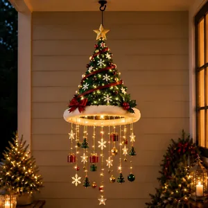 Hanging lighted Santa hat Christmas tree chandelier with LED ornaments for porch decor.