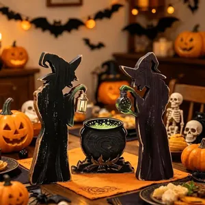 Rustic wooden witch silhouettes and cauldron set for spooky Halloween tabletop decor