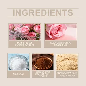 Natural ingredients list for rose scrub powder with rosa damascena and sea salt