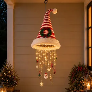 Detail of hanging Santa hat chandelier with warm LED fairy lights and star ornaments