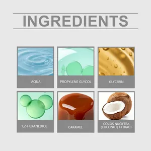 Ingrediëntenlijst voor karamel kokos tropische geur met macrofoto's van kokosnootextract