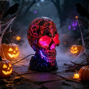 Gothic lava stone skull lamp with red LED glow for Halloween home decor.
