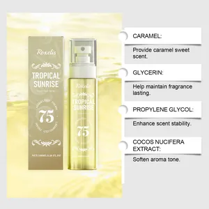 Detail van de ingrediënten van de Tropical Sunrise geurspray zoals karamel en kokosextract.