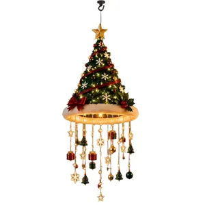 Elegant festive lighted Santa hat hanging chandelier with Christmas tree ornaments