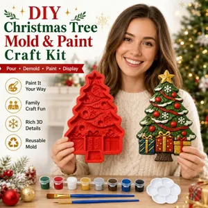 Detailed view of the DIY Christmas tree mold kit with paints and professional brushes