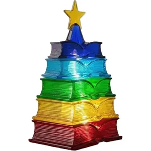 Luz Nocturna Creativa de Árbol de Navidad con Libros Apilados en Arcoíris Lámpara de Resina Adorno de Escritorio Navidad