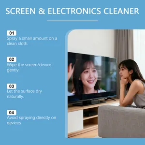 Step-by-step instructions for screen cleaner spray shown with electronics lifestyle scene