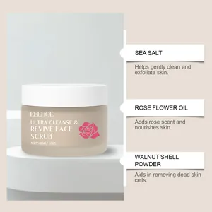 Detail of EELHOE rose face scrub showing ingredients: sea salt and rose oil.