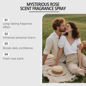 Romantisches Paar auf Feld zeigt Vorteile des Mysterious Rose Duft-Parfümsprays.
