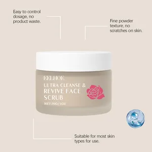Detail view of EELHOE Rose Face Scrub powder texture and skin benefits description