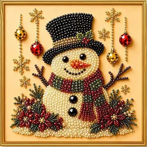 Dettaglio del kit artistico di perle natalizie fai-da-te con un allegro pupazzo di neve