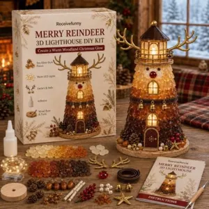 Detailed kit components for building a DIY lighted Christmas reindeer lighthouse character