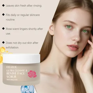 Detail of Rose Face Scrub showing gentle exfoliating benefits and product packaging.