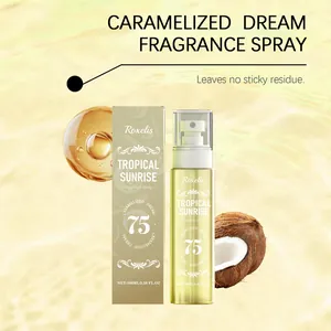 Detailweergave van 100ml Roxelis Tropical Sunrise gekaramelliseerde kokosgeurspray en doos