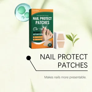 Close-up of Laniska nail protect patches packaging and product display with tea leaves