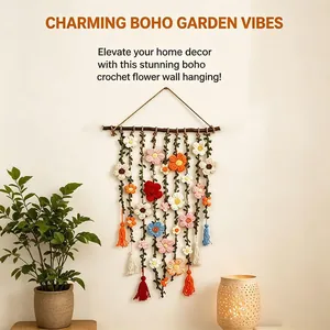 Stunning boho crochet flower wall hanging displayed in a cozy home setting