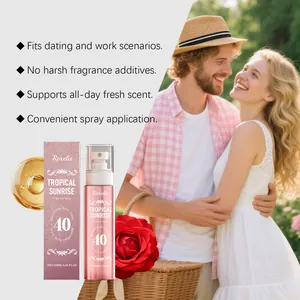Details des Tropical Sunrise Rose Duftspray-Fläschchens und der Verpackung mit Duftmerkmalen.