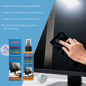 Professional screen cleaner spray removing dust and grease from a monitor screen
