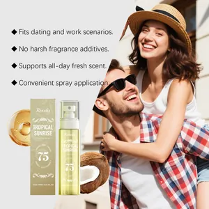 Detail van Tropical Caramel Coconut geurspray met verpakking en een gelukkig koppel