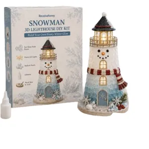 DIY Christmas Snowman 3D Lighthouse Kit featuring LED lights and sea glass style pieces