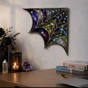 Detailed view of an ornate gothic spider web corner decor with colorful stained glass and crystals