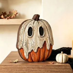 Adorno de mesa rústico de madera de calabaza fantasma para decoración de Halloween