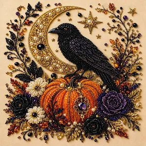 Primer plano detallado de arte de cuentas DIY de Halloween con cuervo y calabaza.