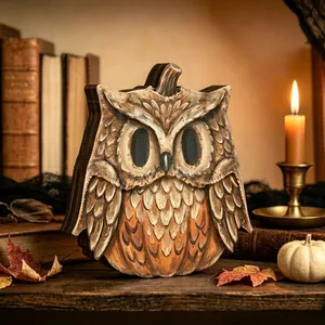 Decoración artesanal de madera de búho y calabaza para escritorio de Halloween