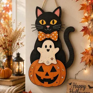 Decoración de madera para puerta de Halloween con gato negro fantasma y calabaza apilados