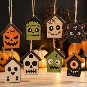 Halloween Wooden House Pendants Facial Expressions Hanging Ornaments Skull Pumpkin Ghost Frankenstein Tree Decoration Party Favors