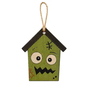 Halloween wooden house hanging ornament with spooky monster face for festive tree decor