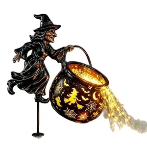 Halloween witch cauldron garden stake light with glowing LED string lights decoration
