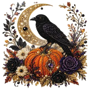 Kit de pintura de diamante DIY de Halloween con cuervo, calabaza y texturas de perlas.