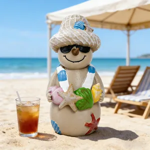 Statua decorativa di pupazzo di neve da spiaggia in resina con cappello e occhiali da sole