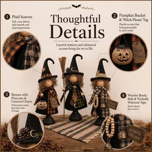 Vintage Primitive Witch Trio Halloween Tabletop Ornaments Fabric Wood Rustic Witch Figurine Set Indoor Festive Home Decor Ornaments