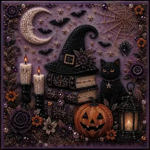 Intricate 3D Halloween pearl mosaic kit featuring a pumpkin, black cat and witch hat