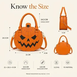 Detailed dimensions for the Halloween pumpkin handbag in PU material
