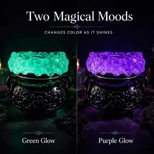 Macro view of Halloween LED bubble light cauldron featuring magical green and purple glow
