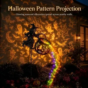 Detailansicht der Halloween-Hexenkessel-Gartenleuchte mit leuchtender Glasfaserbahn