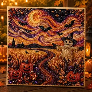 Detailed macro view of DIY Halloween pearl art kit showing starry night pumpkin design