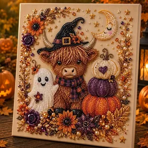 Primer plano de un kit de arte con perlas de Halloween con una vaca y un fantasma